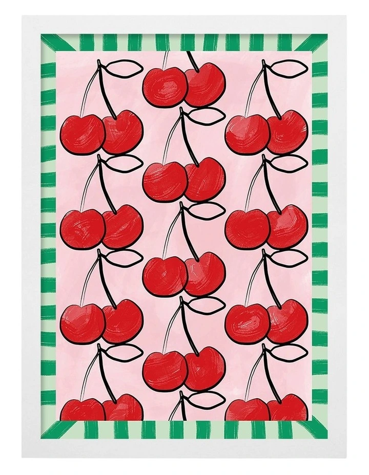 Australian Made Sweet Cherry Pattern Art Print White Frame image 1