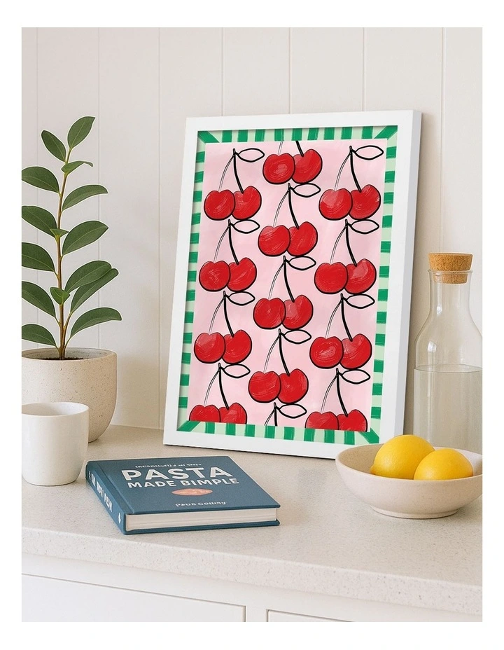 Australian Made Sweet Cherry Pattern Art Print White Frame image 2