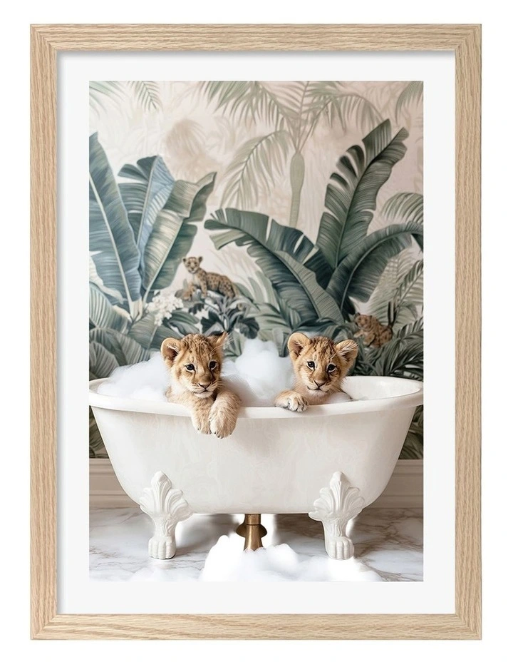 Australian Made Tropical Lion Bath Art Print Natural Frame image 1