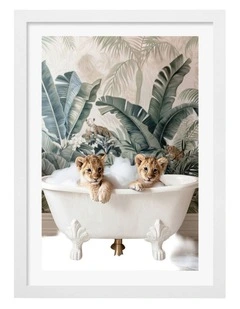 Australian Made Tropical Lion Bath Art Print White Frame