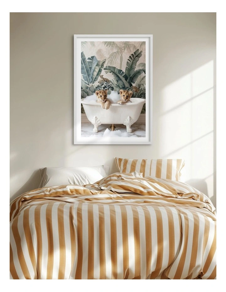 Australian Made Tropical Lion Bath Art Print White Frame image 2