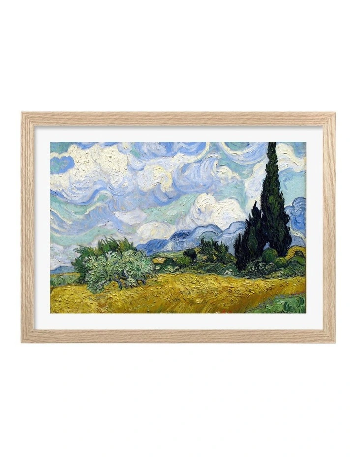 Australian Made Van Gogh A Wheatfield with Cypresses Art Print Natural Frame image 1