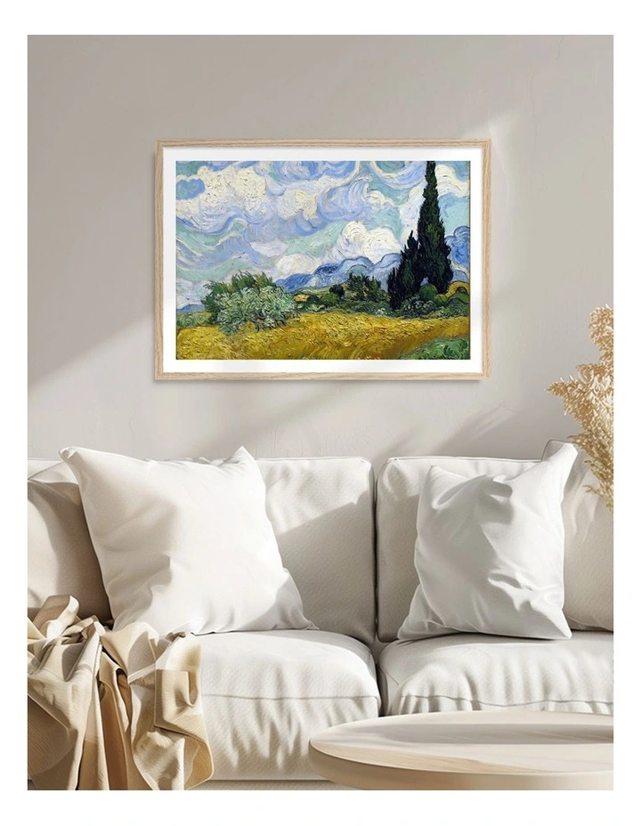 Australian Made Van Gogh A Wheatfield with Cypresses Art Print Natural Frame image 2