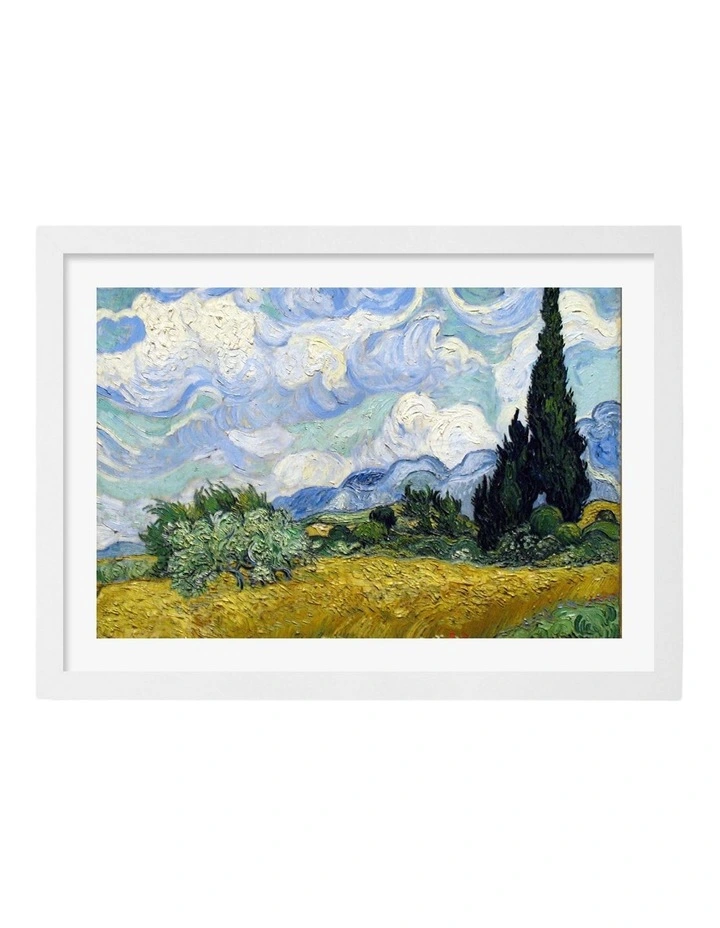 Australian Made Van Gogh A Wheatfield with Cypresses Art Print White Frame image 1