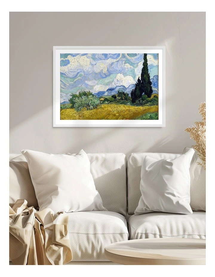 Australian Made Van Gogh A Wheatfield with Cypresses Art Print White Frame image 2