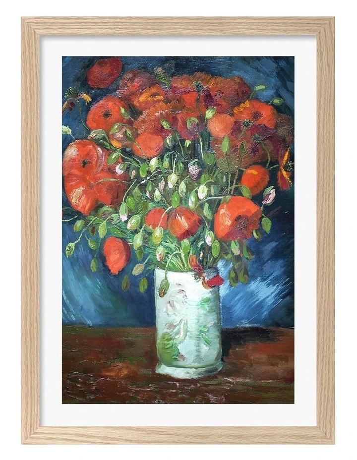 Australian Made Van Gogh Vase with Poppies Art Print Natural Frame image 1