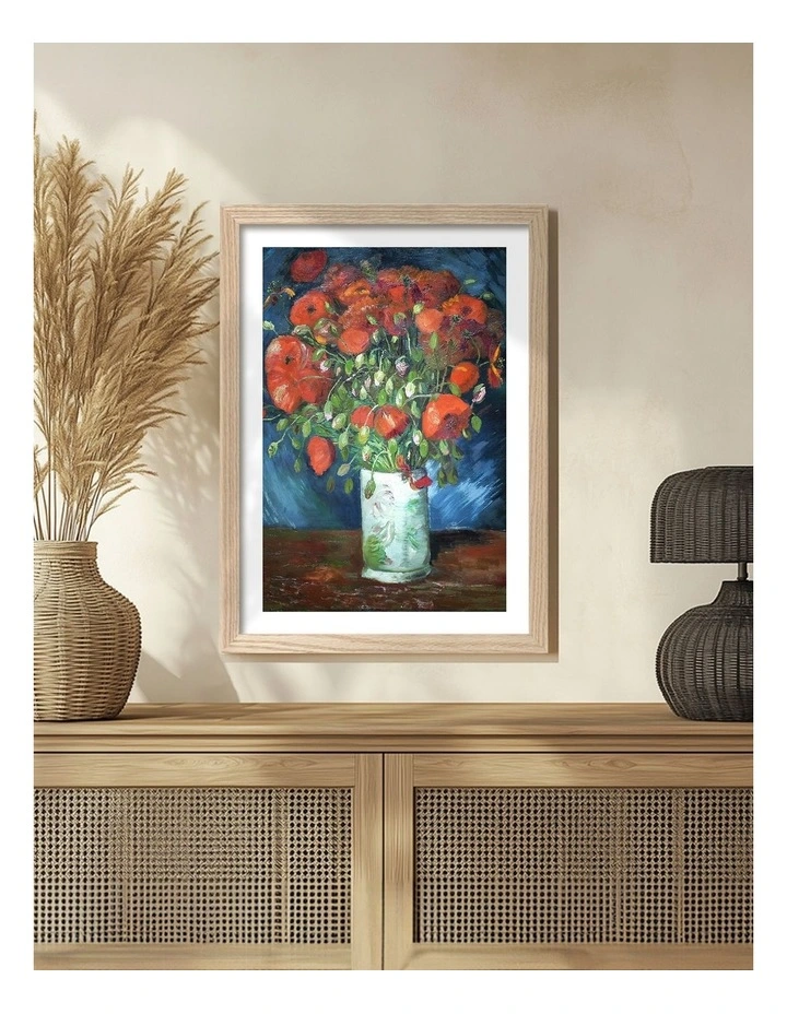 Australian Made Van Gogh Vase with Poppies Art Print Natural Frame image 2