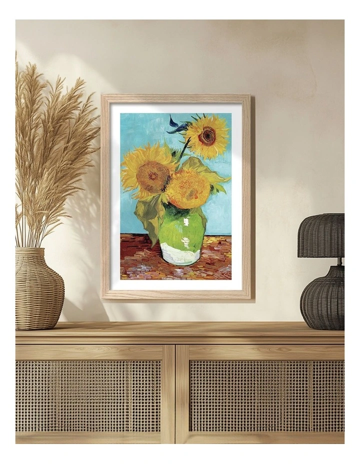 Australian Made Van Gogh Vase with Three Sunflowers Art Print Natural Frame image 2