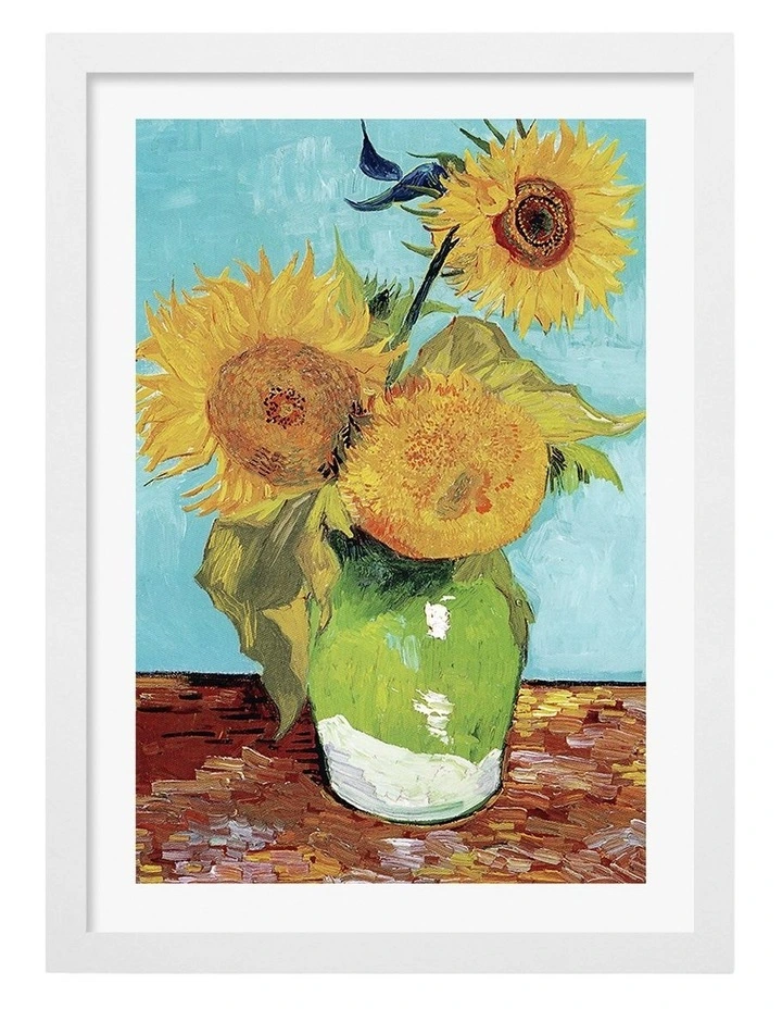 Australian Made Van Gogh Vase with Three Sunflowers Art Print White Frame image 1