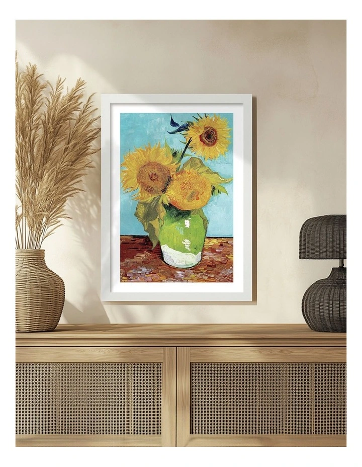 Australian Made Van Gogh Vase with Three Sunflowers Art Print White Frame image 2
