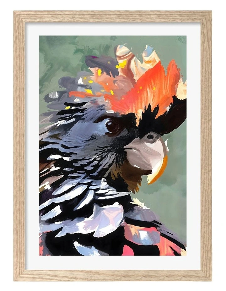 Australian Made Vibrant Black Cockatoo Art Print Natural Frame image 1