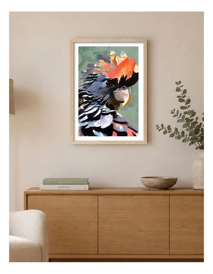 Australian Made Vibrant Black Cockatoo Art Print Natural Frame image 2