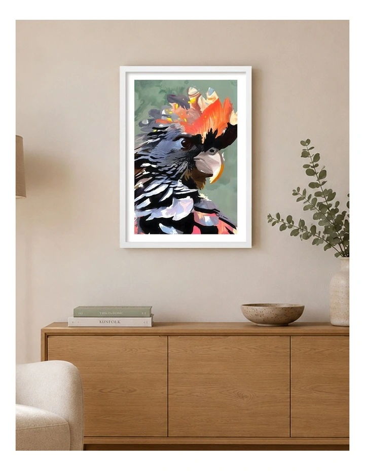 Australian Made Vibrant Black Cockatoo Art Print White Frame image 2