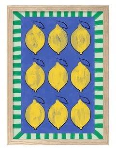 Australian Made Vibrant Lemons Blue Grid Art Print Natural Frame