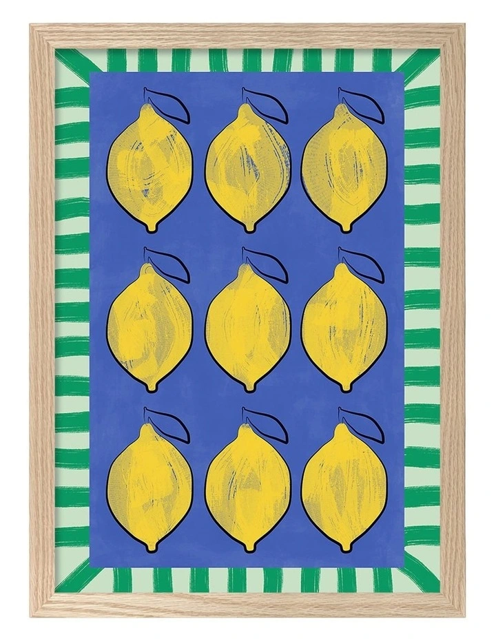 Australian Made Vibrant Lemons Blue Grid Art Print Natural Frame image 1