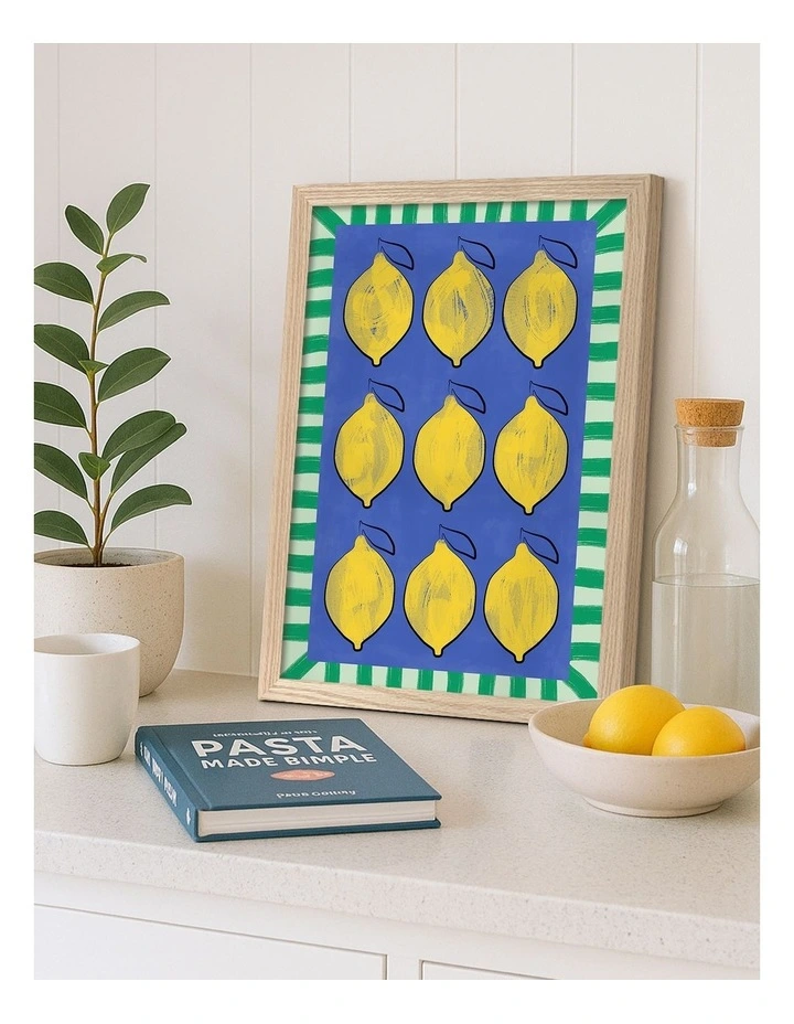 Australian Made Vibrant Lemons Blue Grid Art Print Natural Frame image 2