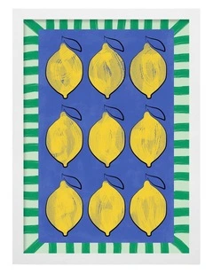 Australian Made Vibrant Lemons Blue Grid Art Print White Frame