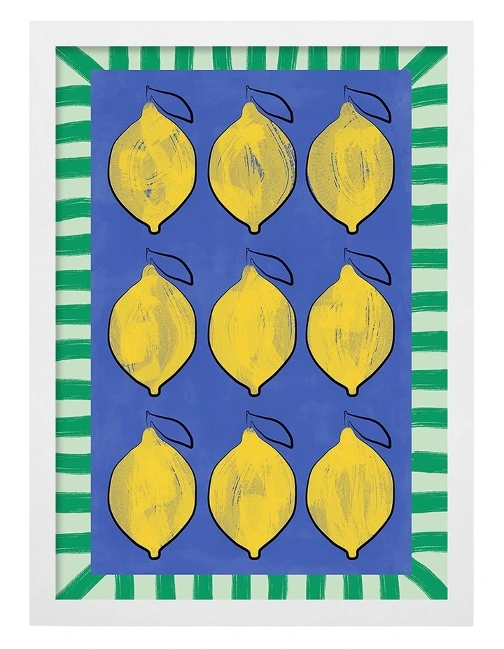 Australian Made Vibrant Lemons Blue Grid Art Print White Frame image 1
