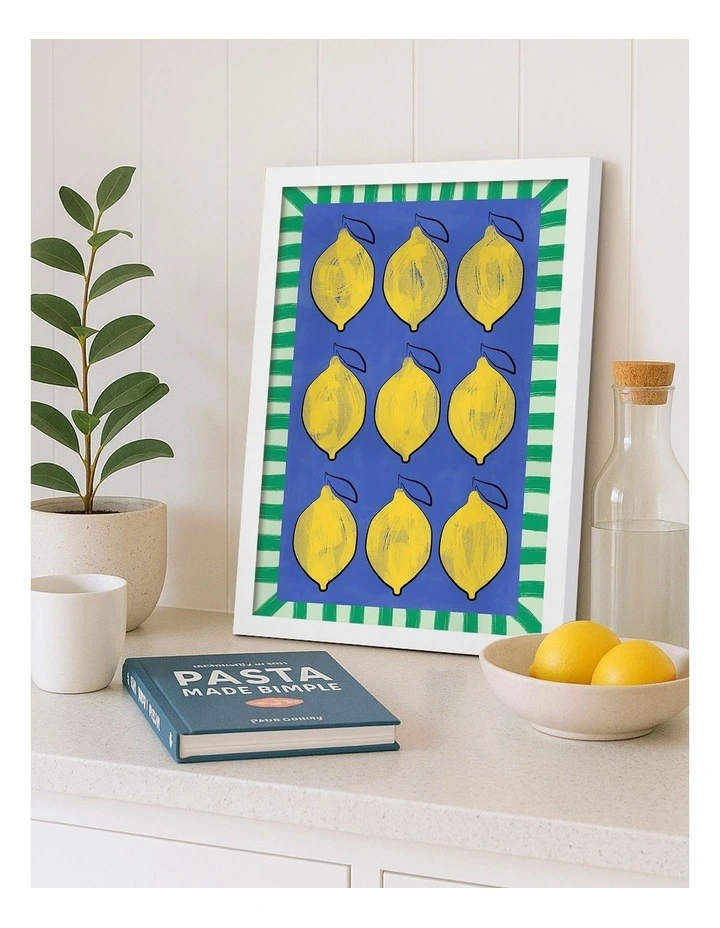 Australian Made Vibrant Lemons Blue Grid Art Print White Frame image 2
