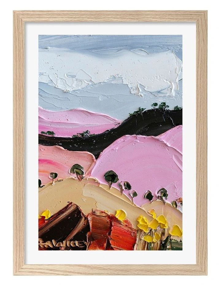 Australian Made Vibrant Pink Hills Art Print Natural Frame image 1