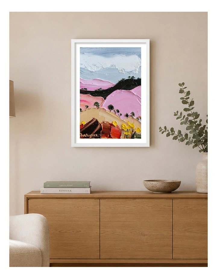 Australian Made Vibrant Pink Hills Art Print White Frame image 2