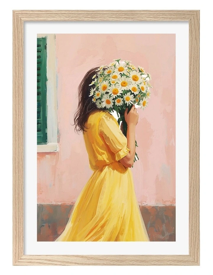 Australian Made Woman with Daisy Bouquet Art Print Natural Frame image 1