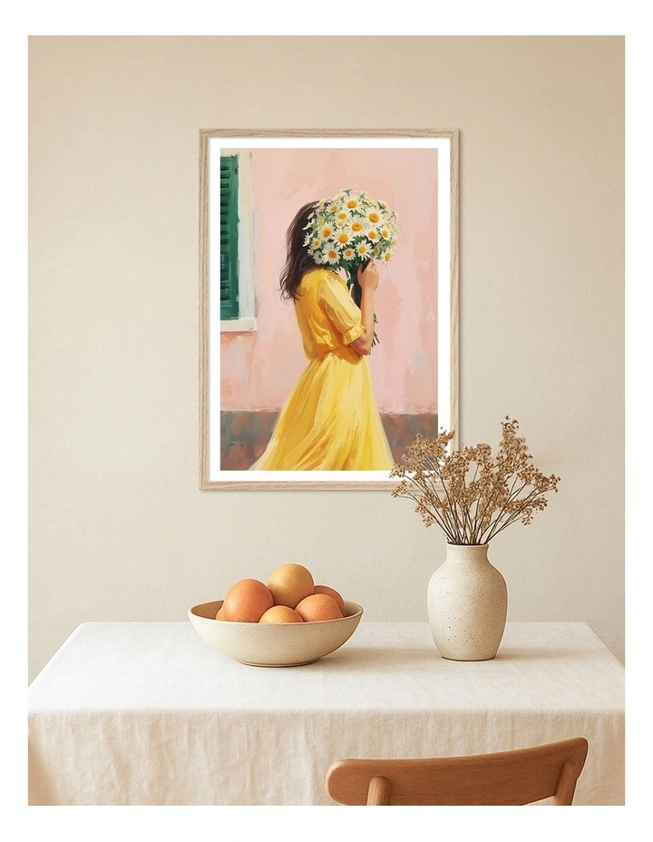Australian Made Woman with Daisy Bouquet Art Print Natural Frame image 2
