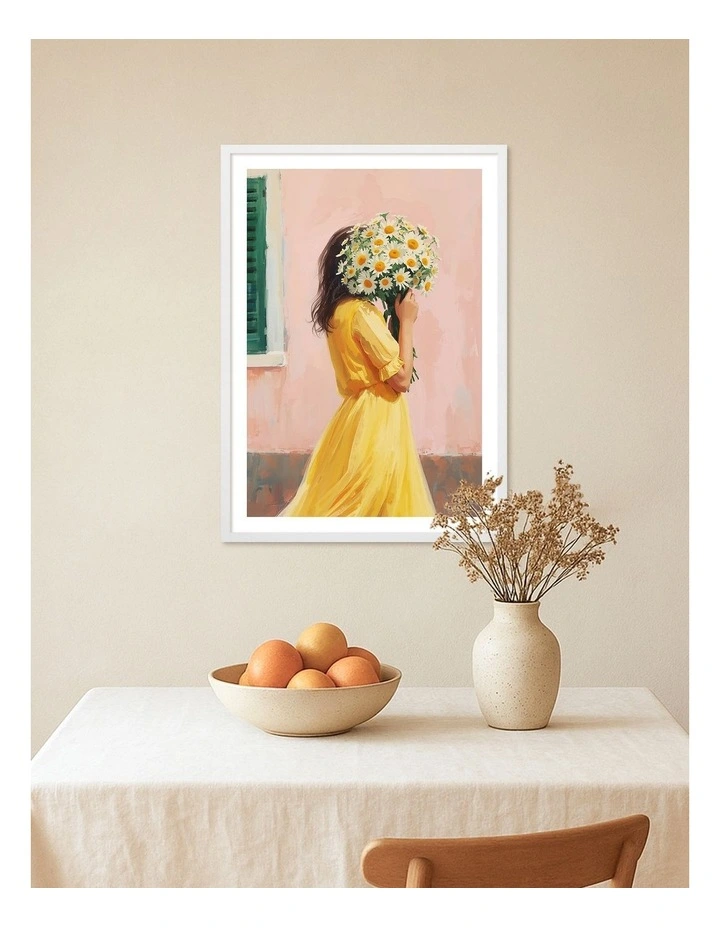 Australian Made Woman with Daisy Bouquet Art Print White Frame image 2