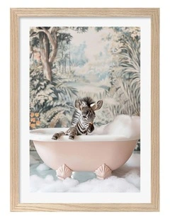 Australian Made Zebra Bath Time Art Print Natural Frame