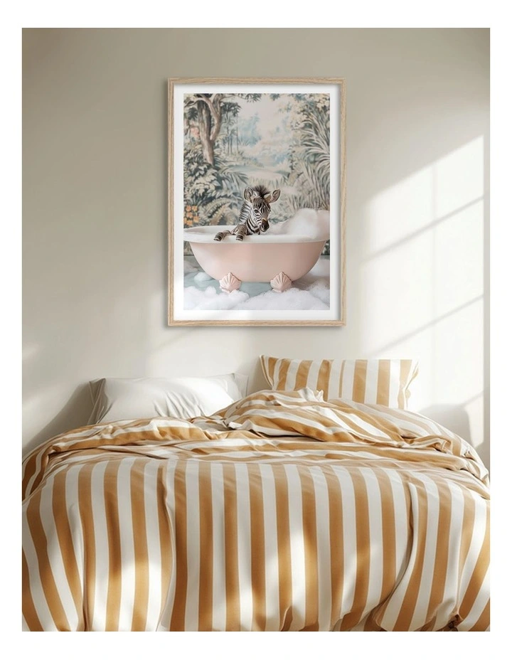 Australian Made Zebra Bath Time Art Print Natural Frame image 2