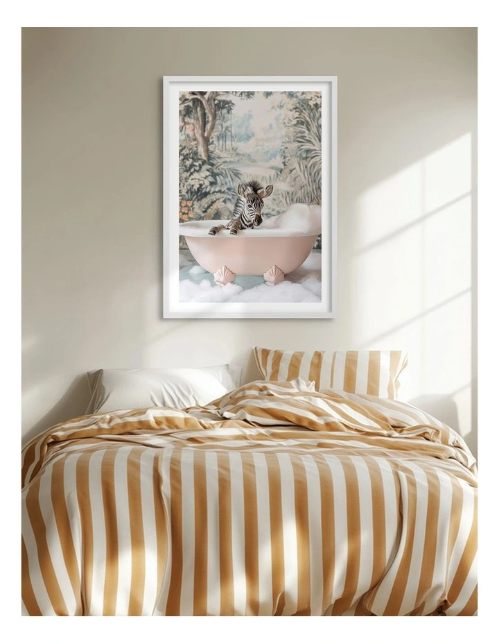 Australian Made Zebra Bath Time Art Print White Frame image 2