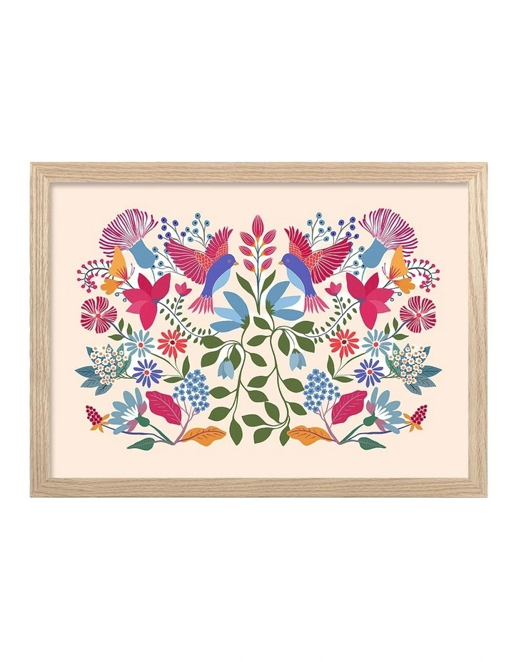 Australian Made Bohemian Floral Birds Art Print Natural Frame image 1