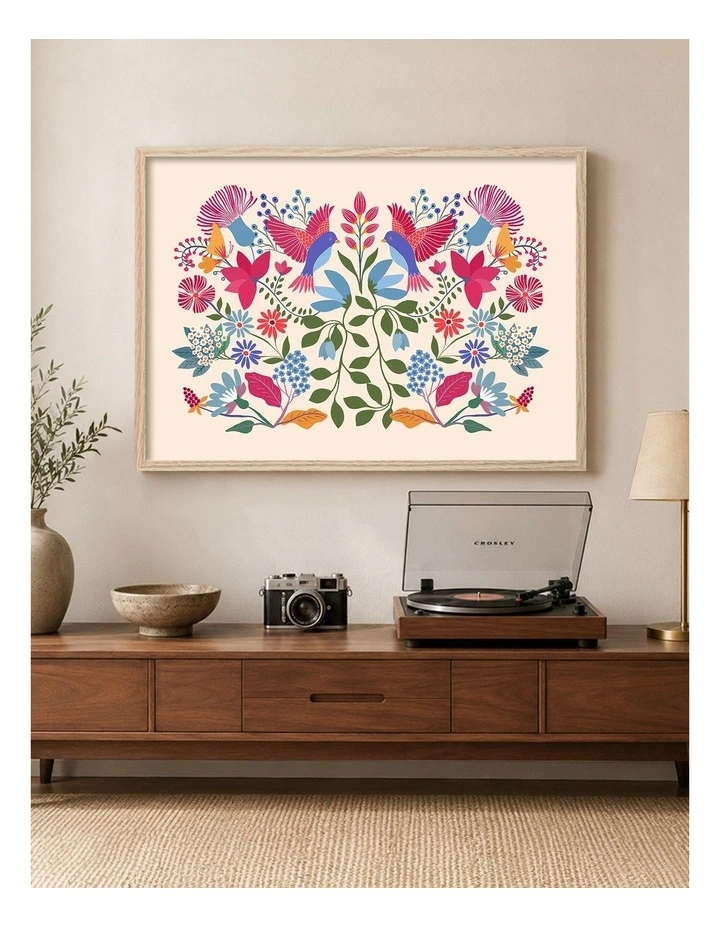 Australian Made Bohemian Floral Birds Art Print Natural Frame image 2