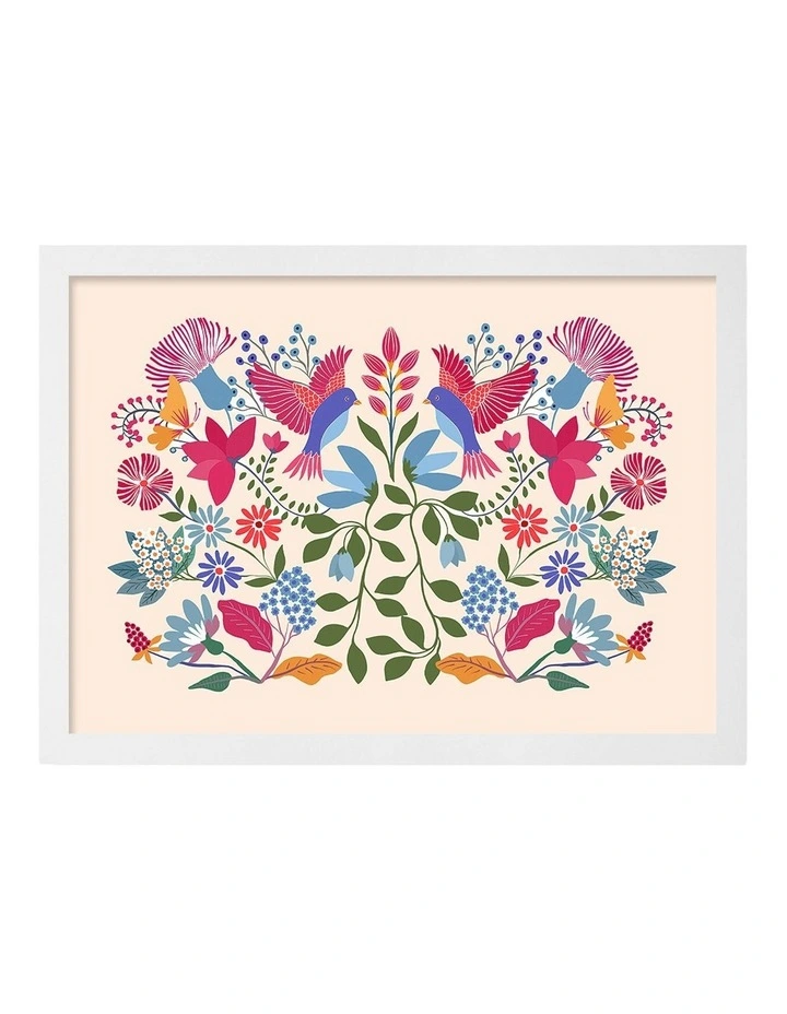 Australian Made Bohemian Floral Birds Art Print White Frame image 1