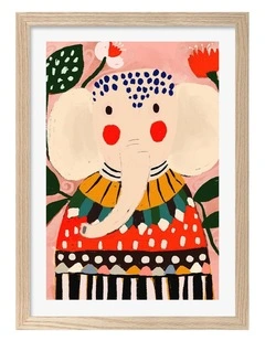 Australian Made Colourful Whimsical Elephant Kids Art Print Natural Frame