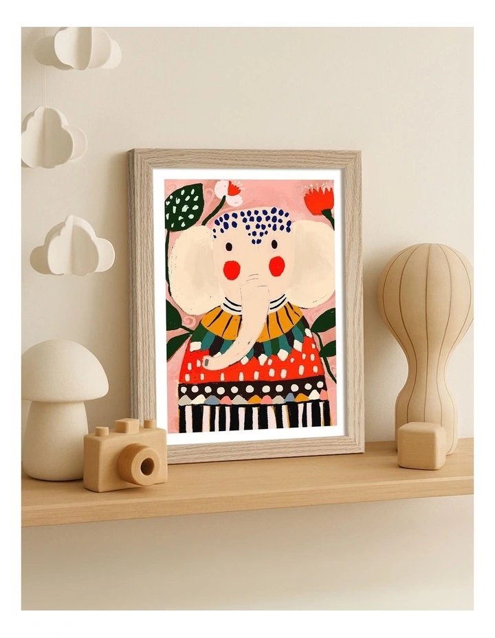 Australian Made Colourful Whimsical Elephant Kids Art Print Natural Frame image 2