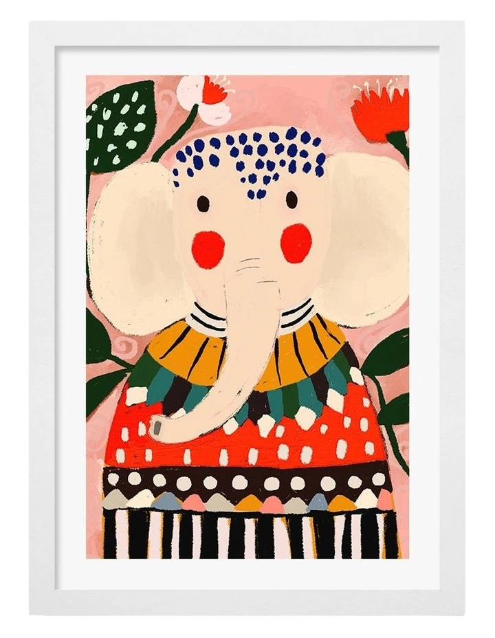 Australian Made Colourful Whimsical Elephant Kids Art Print White Frame image 1