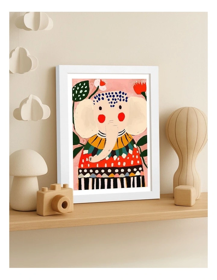 Australian Made Colourful Whimsical Elephant Kids Art Print White Frame image 2