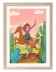 Australian Made Cowgirl On Horse Art Print Natural Frame