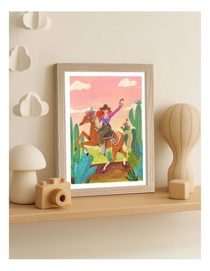 Australian Made Cowgirl On Horse Art Print Natural Frame image 2