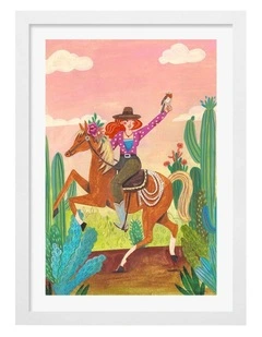 Australian Made Cowgirl On Horse Art Print White Frame