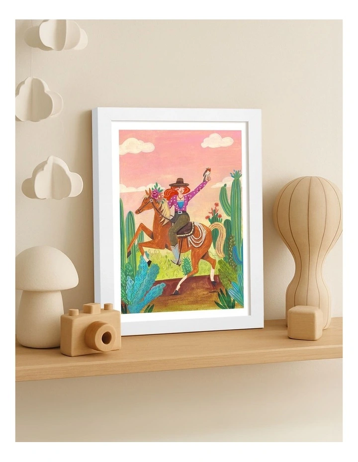 Australian Made Cowgirl On Horse Art Print White Frame image 2