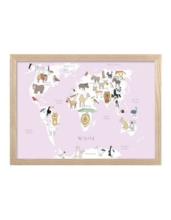 Australian Made Cute Animal World Map Kids Art Print Natural Frame
