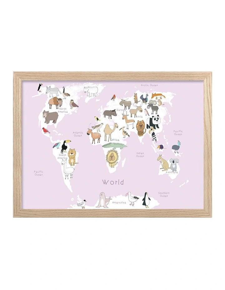 Australian Made Cute Animal World Map Kids Art Print Natural Frame image 1