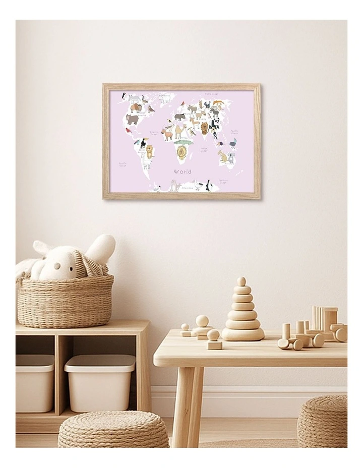 Australian Made Cute Animal World Map Kids Art Print Natural Frame image 2