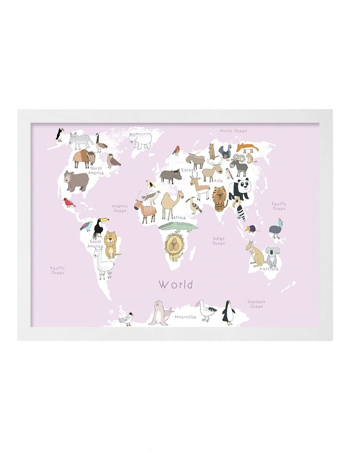 Australian Made Cute Animal World Map Kids Art Print White Frame image 1