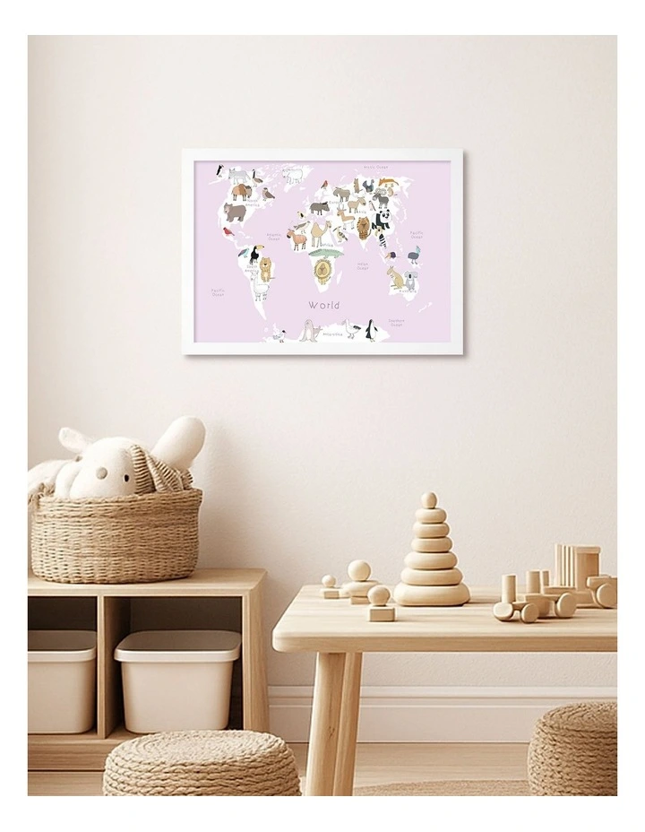 Australian Made Cute Animal World Map Kids Art Print White Frame image 2