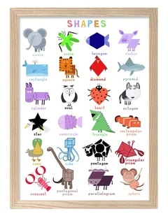 Australian Made Cute Animals Shapes Chart Kids Art Print Natural Frame