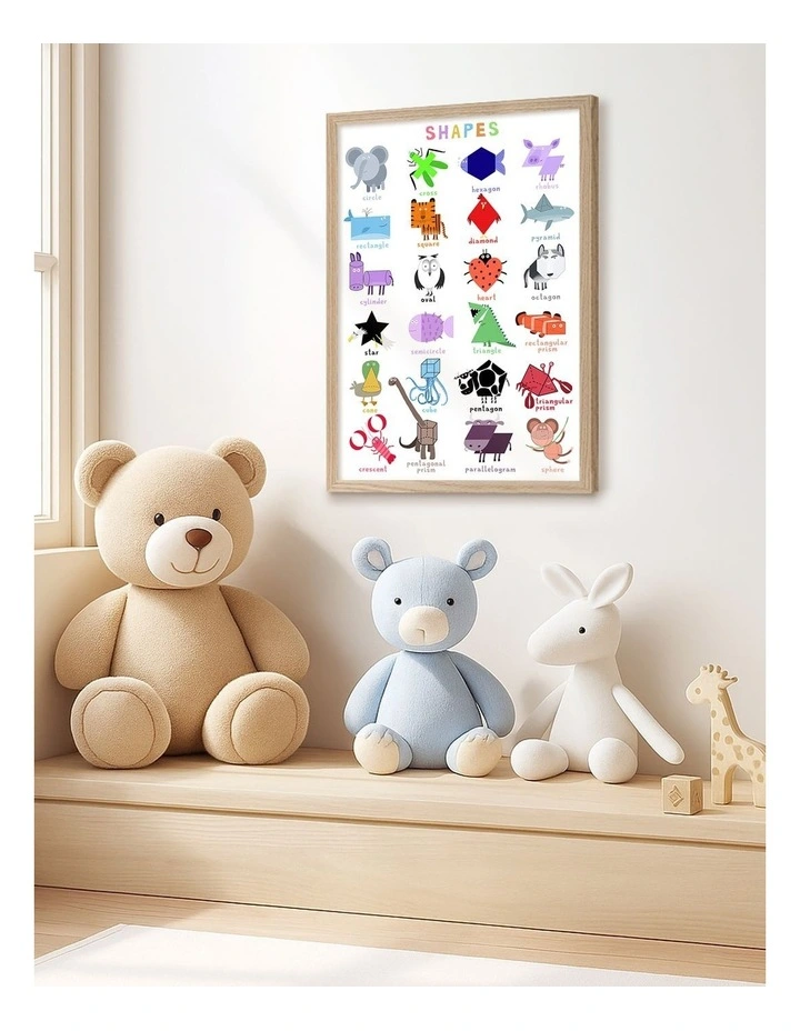 Australian Made Cute Animals Shapes Chart Kids Art Print Natural Frame image 2