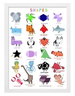 Australian Made Cute Animals Shapes Chart Kids Art Print White Frame